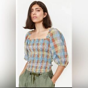 GANNI Smocked Cottagecore peasant Puff Sleeve Spring Pastel rainbow Top Size 36